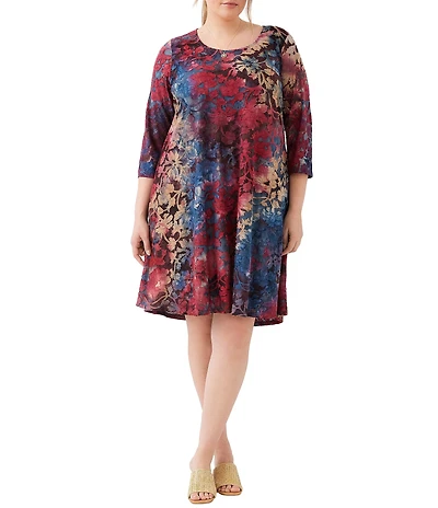 Karen Kane Plus Size Maggie Floral Tie-Dye Burnout Scoop Neck 3/4 Sleeve Dress