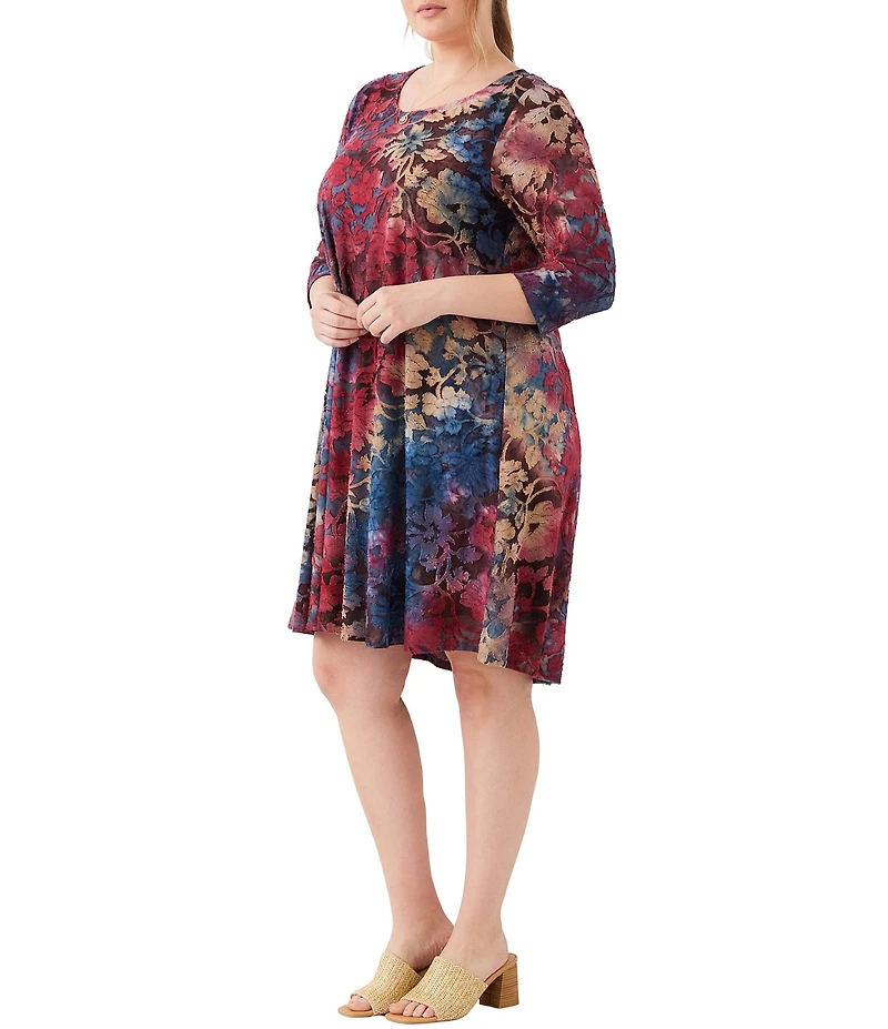 Karen Kane Plus Size Maggie Floral Tie-Dye Burnout Scoop Neck 3/4 Sleeve Dress