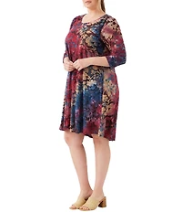 Karen Kane Plus Size Maggie Floral Tie-Dye Burnout Scoop Neck 3/4 Sleeve Dress