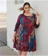 Karen Kane Plus Size Maggie Floral Tie-Dye Burnout Scoop Neck 3/4 Sleeve Dress