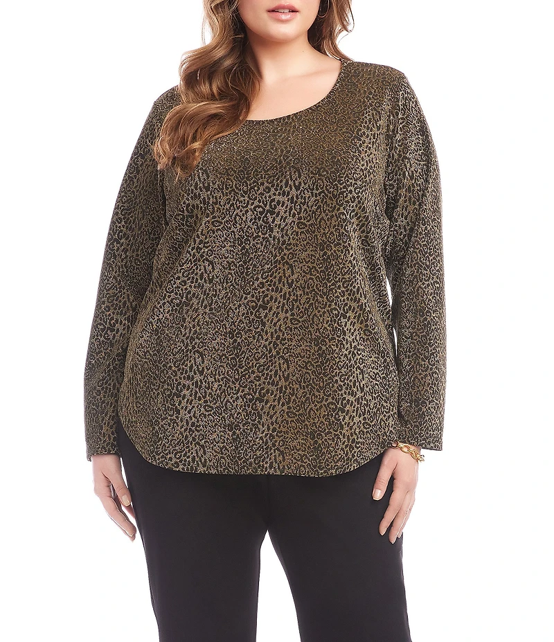 Karen Kane Plus Size Metallic Jacquard Knit Leopard Scoop Neck Long Sleeve Top