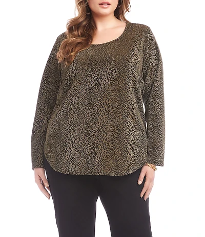 Karen Kane Plus Size Metallic Jacquard Knit Leopard Scoop Neck Long Sleeve Top