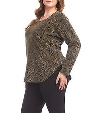 Karen Kane Plus Size Metallic Jacquard Knit Leopard Scoop Neck Long Sleeve Top