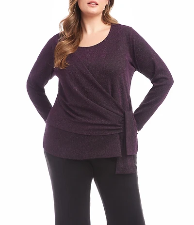 Karen Kane Plus Size Metallic Knit Scoop Neck Long Sleeve Side-Tie Knot Top