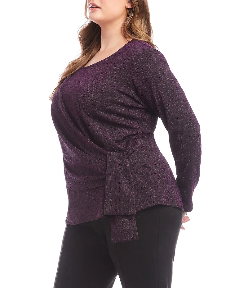 Karen Kane Plus Size Metallic Knit Scoop Neck Long Sleeve Side-Tie Knot Top