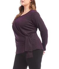 Karen Kane Plus Size Metallic Knit Scoop Neck Long Sleeve Side-Tie Knot Top