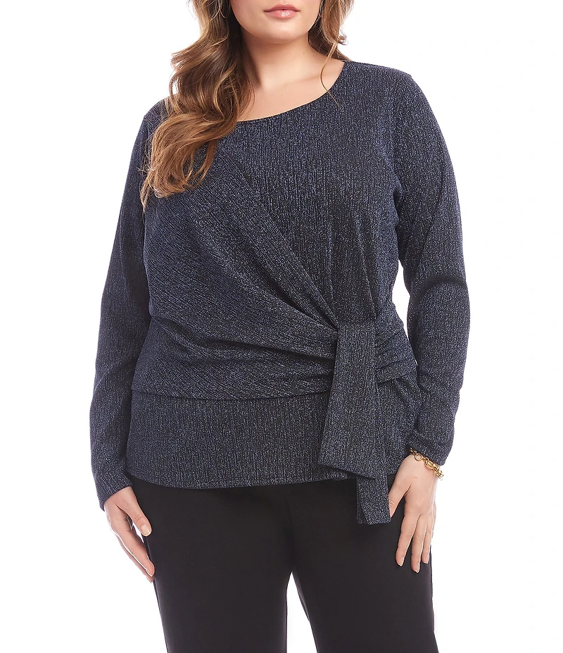 Karen Kane Plus Size Metallic Knit Scoop Neck Long Sleeve Side-Tie Knot Top