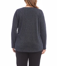 Karen Kane Plus Size Metallic Knit Scoop Neck Long Sleeve Side-Tie Knot Top