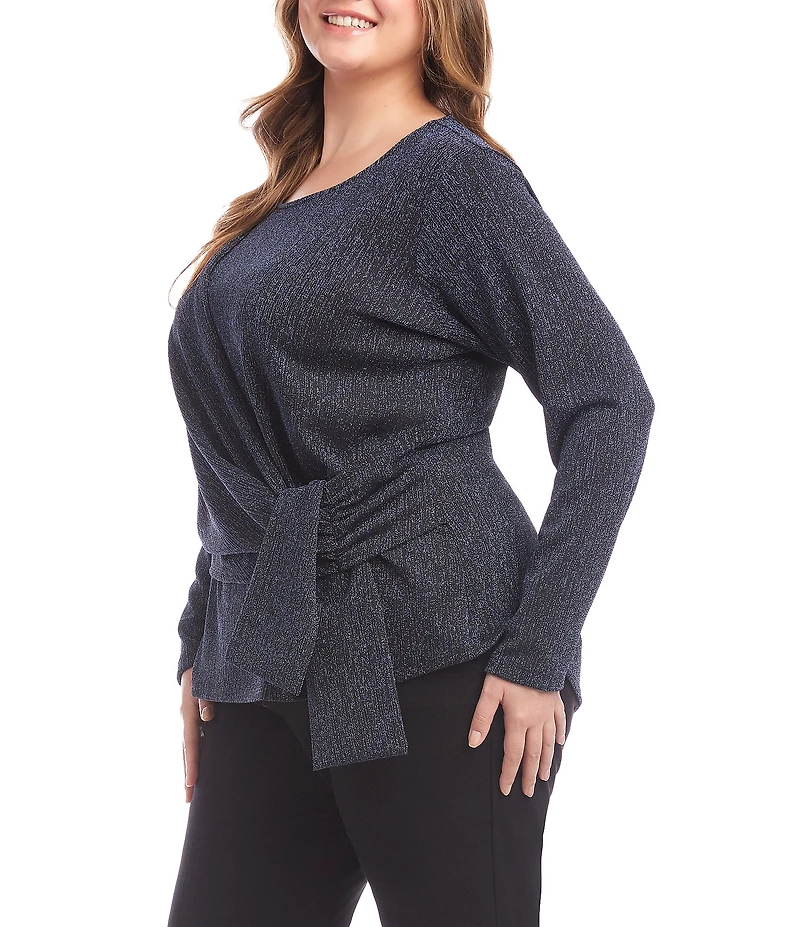 Karen Kane Plus Size Metallic Knit Scoop Neck Long Sleeve Side-Tie Knot Top
