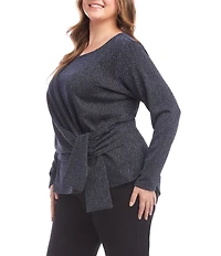 Karen Kane Plus Size Metallic Knit Scoop Neck Long Sleeve Side-Tie Knot Top