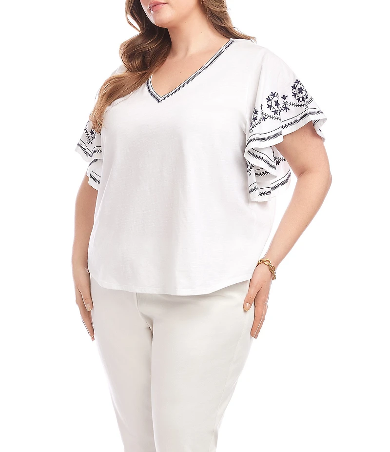 Karen Kane Plus Size Organic Cotton V-Neck Embroidered Flutter Sleeve Top
