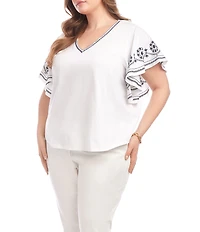 Karen Kane Plus Size Organic Cotton V-Neck Embroidered Flutter Sleeve Top