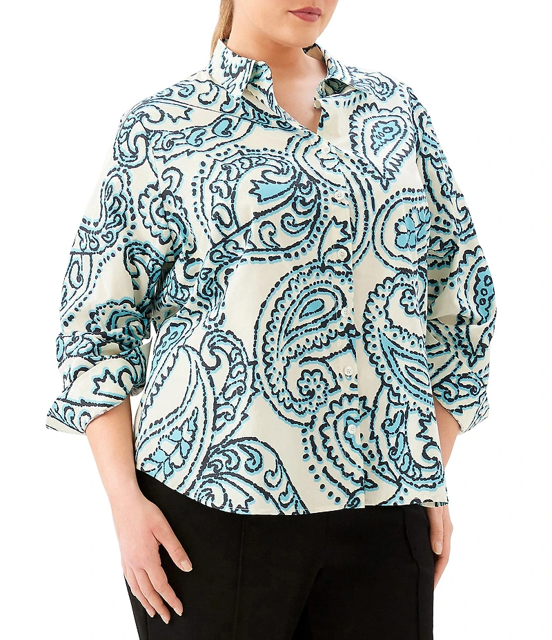 Karen Kane Plus Size Paisley Point Collar 3/4 Ruched Sleeve Button-Front Shirt