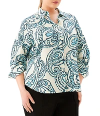 Karen Kane Plus Size Paisley Point Collar 3/4 Ruched Sleeve Button-Front Shirt