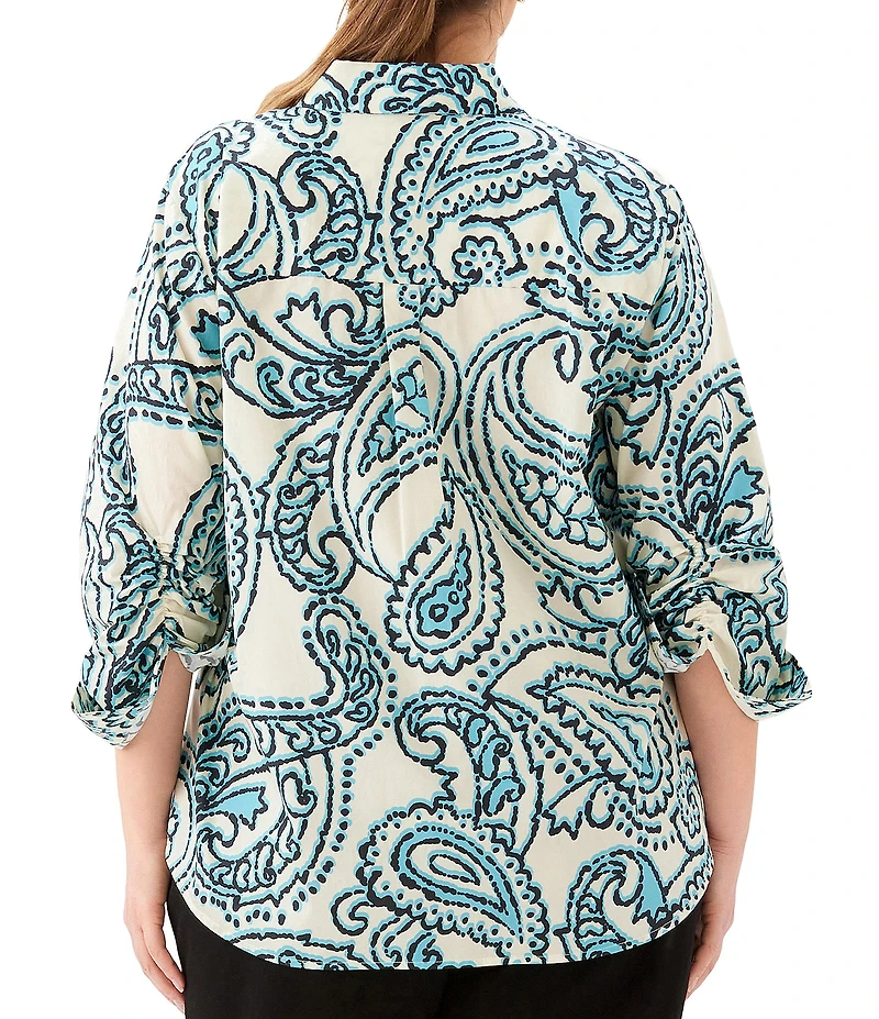 Karen Kane Plus Size Paisley Point Collar 3/4 Ruched Sleeve Button-Front Shirt
