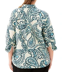 Karen Kane Plus Size Paisley Point Collar 3/4 Ruched Sleeve Button-Front Shirt