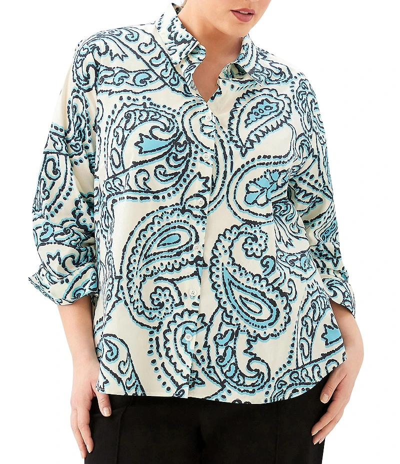 Karen Kane Plus Size Paisley Point Collar 3/4 Ruched Sleeve Button-Front Shirt