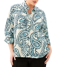 Karen Kane Plus Size Paisley Point Collar 3/4 Ruched Sleeve Button-Front Shirt
