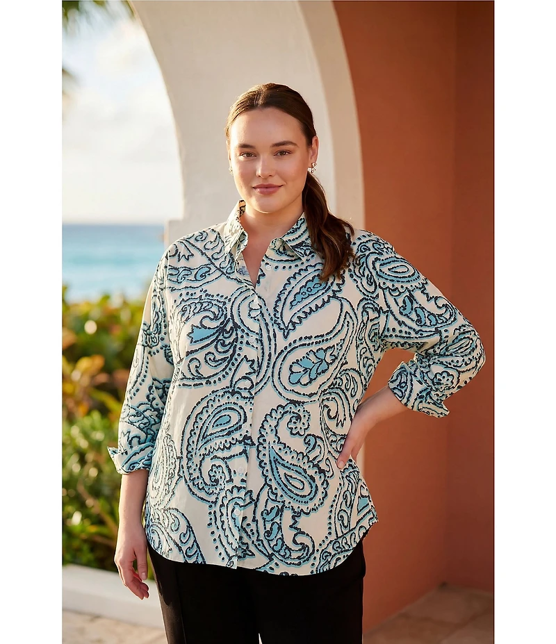 Karen Kane Plus Size Paisley Point Collar 3/4 Ruched Sleeve Button-Front Shirt
