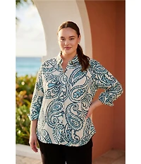 Karen Kane Plus Size Paisley Point Collar 3/4 Ruched Sleeve Button-Front Shirt