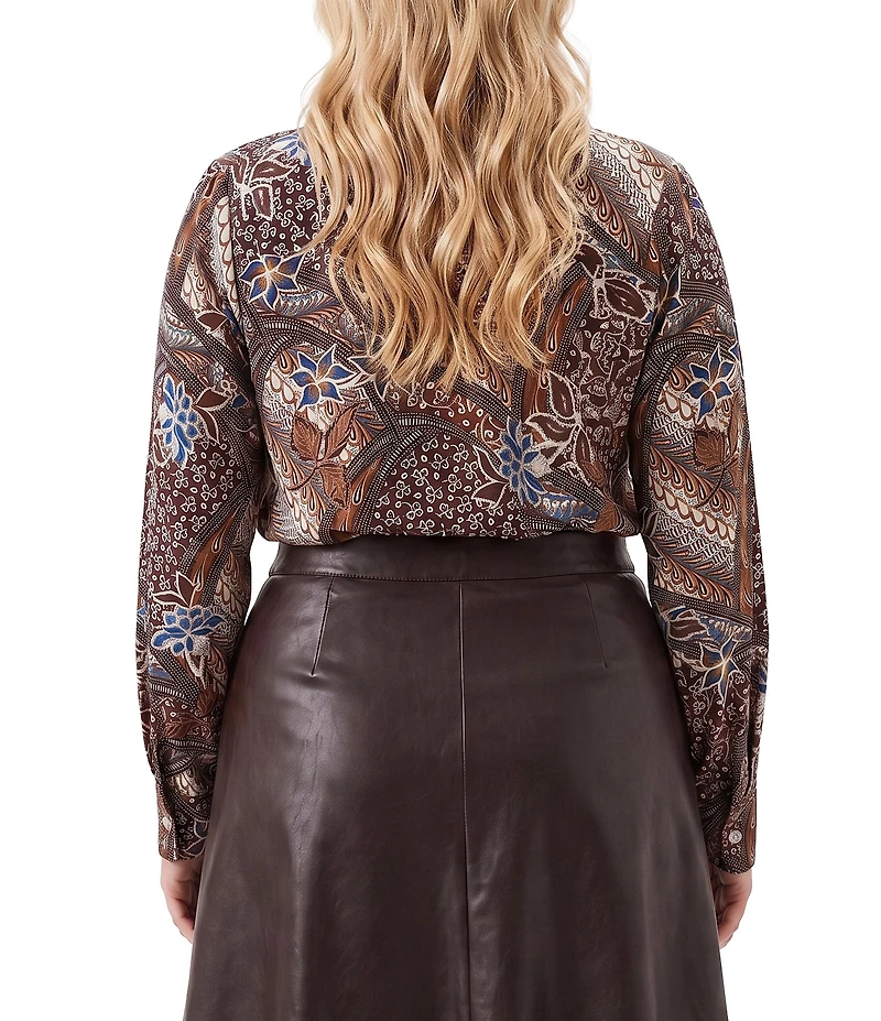 Karen Kane Plus Size Patchwork Twill Bow Neck Long Sleeve Top