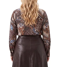 Karen Kane Plus Size Patchwork Twill Bow Neck Long Sleeve Top