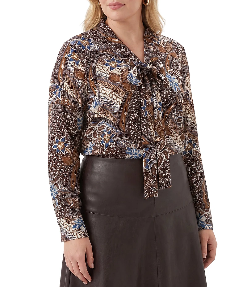 Karen Kane Plus Size Patchwork Twill Bow Neck Long Sleeve Top