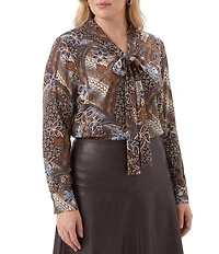 Karen Kane Plus Size Patchwork Twill Bow Neck Long Sleeve Top