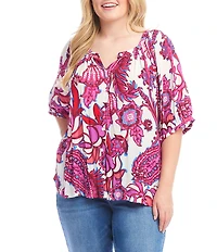 Karen Kane Plus Size Peony Paisley Scoop Neck Short Puff Sleeve Button-Front Peasant Top