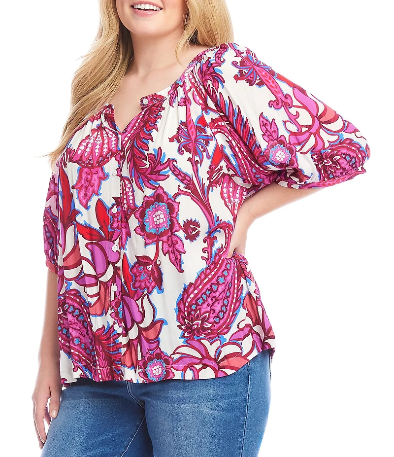 Karen Kane Plus Size Peony Paisley Scoop Neck Short Puff Sleeve Button-Front Peasant Top