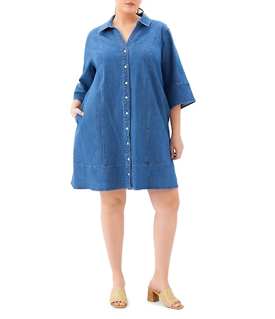 Karen Kane Plus Size Point Collar 3/4 Flare Sleeve Denim Shirtdress