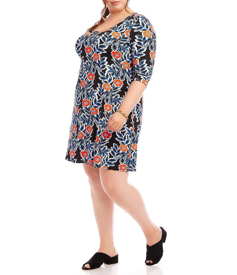 Karen Kane Plus Size Poppy Print Scoop Neck 3/4 Sleeve A-Line Dress