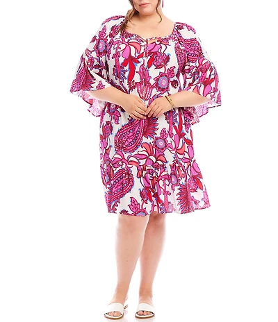 Karen Kane Plus Size Printed Split V-Neck 3/4 Ruffle Sleeve Tiered Hem Shift Dress