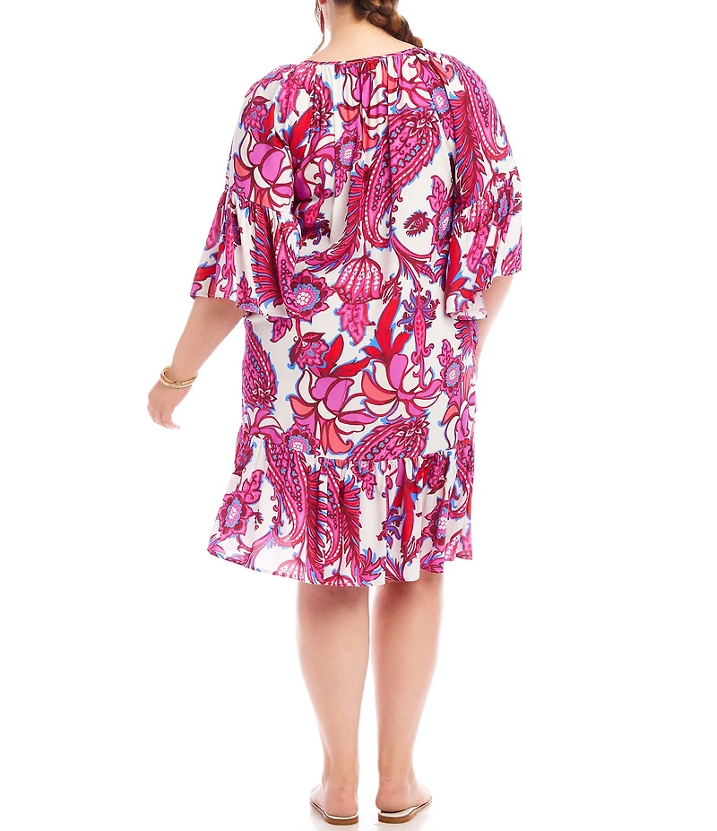 Karen Kane Plus Size Printed Split V-Neck 3/4 Ruffle Sleeve Tiered Hem Shift Dress