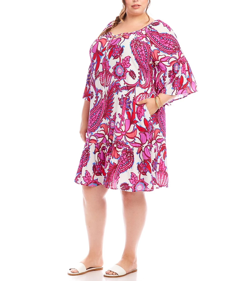 Karen Kane Plus Size Printed Split V-Neck 3/4 Ruffle Sleeve Tiered Hem Shift Dress