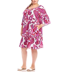 Karen Kane Plus Size Printed Split V-Neck 3/4 Ruffle Sleeve Tiered Hem Shift Dress