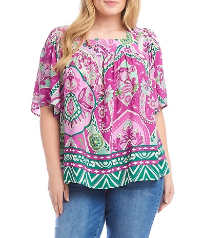 Karen Kane Plus Size Printed Square Neck Short Flare Sleeve Top