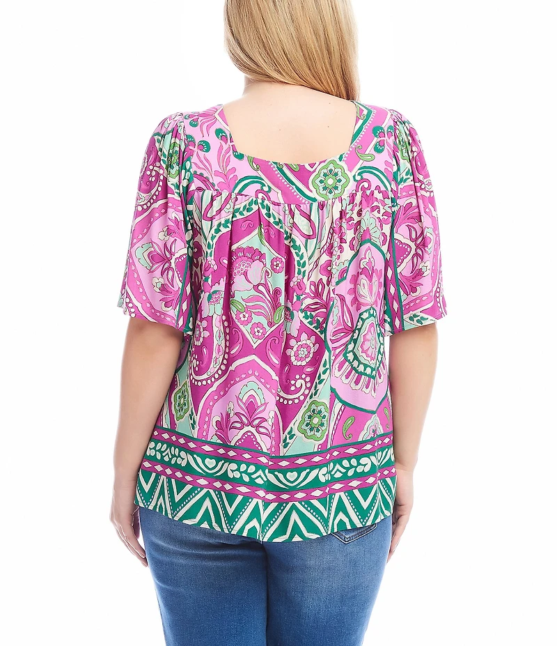 Karen Kane Plus Size Printed Square Neck Short Flare Sleeve Top