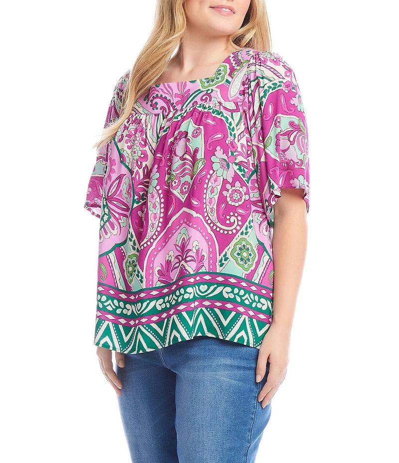 Karen Kane Plus Size Printed Square Neck Short Flare Sleeve Top