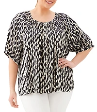 Karen Kane Plus Size Satin Sleek Wavy Stripe Scoop Neck Short Sleeve Peasant Top