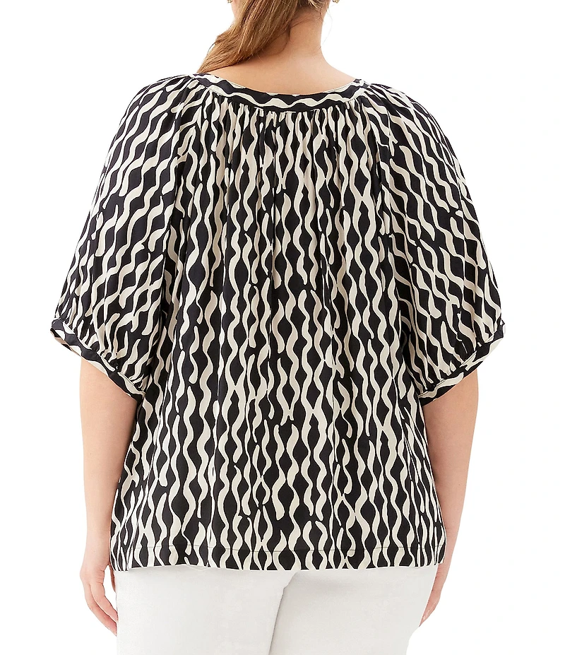 Karen Kane Plus Size Satin Sleek Wavy Stripe Scoop Neck Short Sleeve Peasant Top