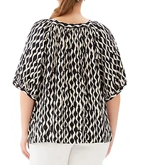 Karen Kane Plus Size Satin Sleek Wavy Stripe Scoop Neck Short Sleeve Peasant Top