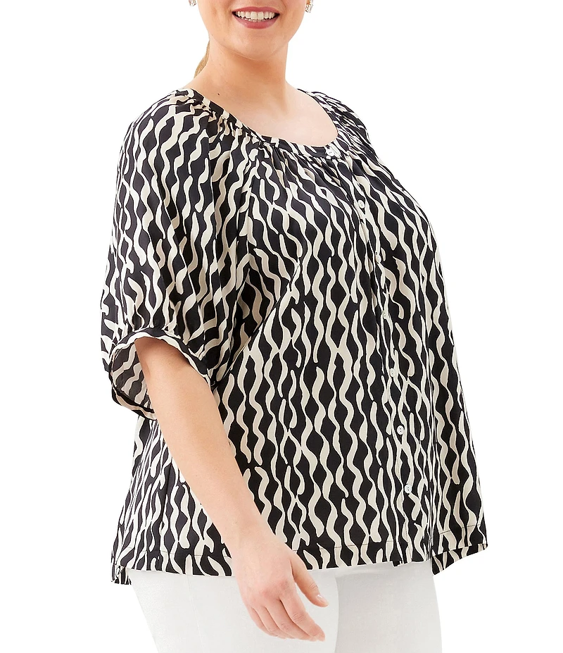 Karen Kane Plus Size Satin Sleek Wavy Stripe Scoop Neck Short Sleeve Peasant Top