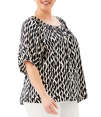 Karen Kane Plus Size Satin Sleek Wavy Stripe Scoop Neck Short Sleeve Peasant Top