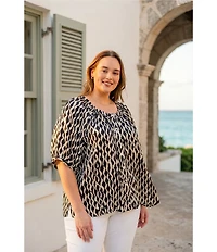 Karen Kane Plus Size Satin Sleek Wavy Stripe Scoop Neck Short Sleeve Peasant Top