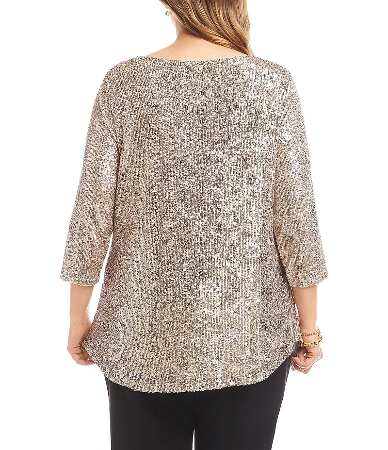 Karen Kane Plus Size Sequin Mesh Draped Neck 3/4 Sleeve Top