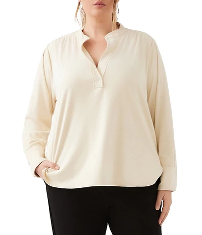 Karen Kane Plus Size Shimmer Faux Suede Split V-Neck Long Sleeve Top