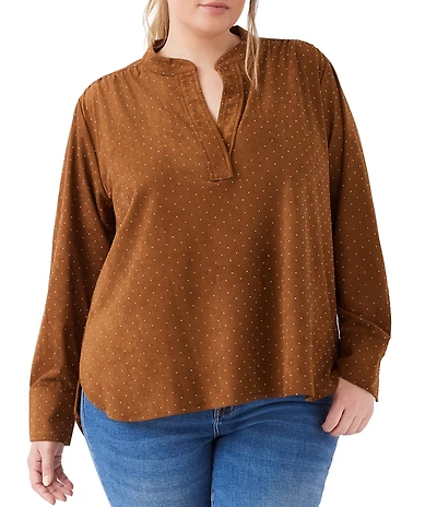 Karen Kane Plus Size Shimmer Faux Suede Split V-Neck Long Sleeve Top