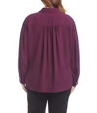 Karen Kane Plus Size Silky Crepe Point Collar Long Sleeve Button Front Blouse