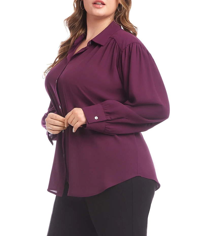 Karen Kane Plus Size Silky Crepe Point Collar Long Sleeve Button Front Blouse